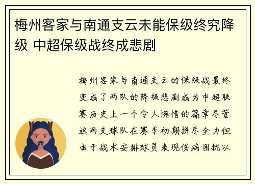梅州客家与南通支云未能保级终究降级 中超保级战终成悲剧