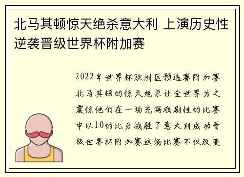 北马其顿惊天绝杀意大利 上演历史性逆袭晋级世界杯附加赛