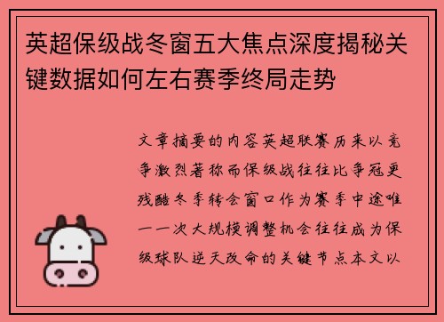 英超保级战冬窗五大焦点深度揭秘关键数据如何左右赛季终局走势